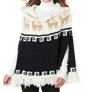 Womens Poncho Knit Black White Tan Deer Reindeer Print Fringe Curations Pullover